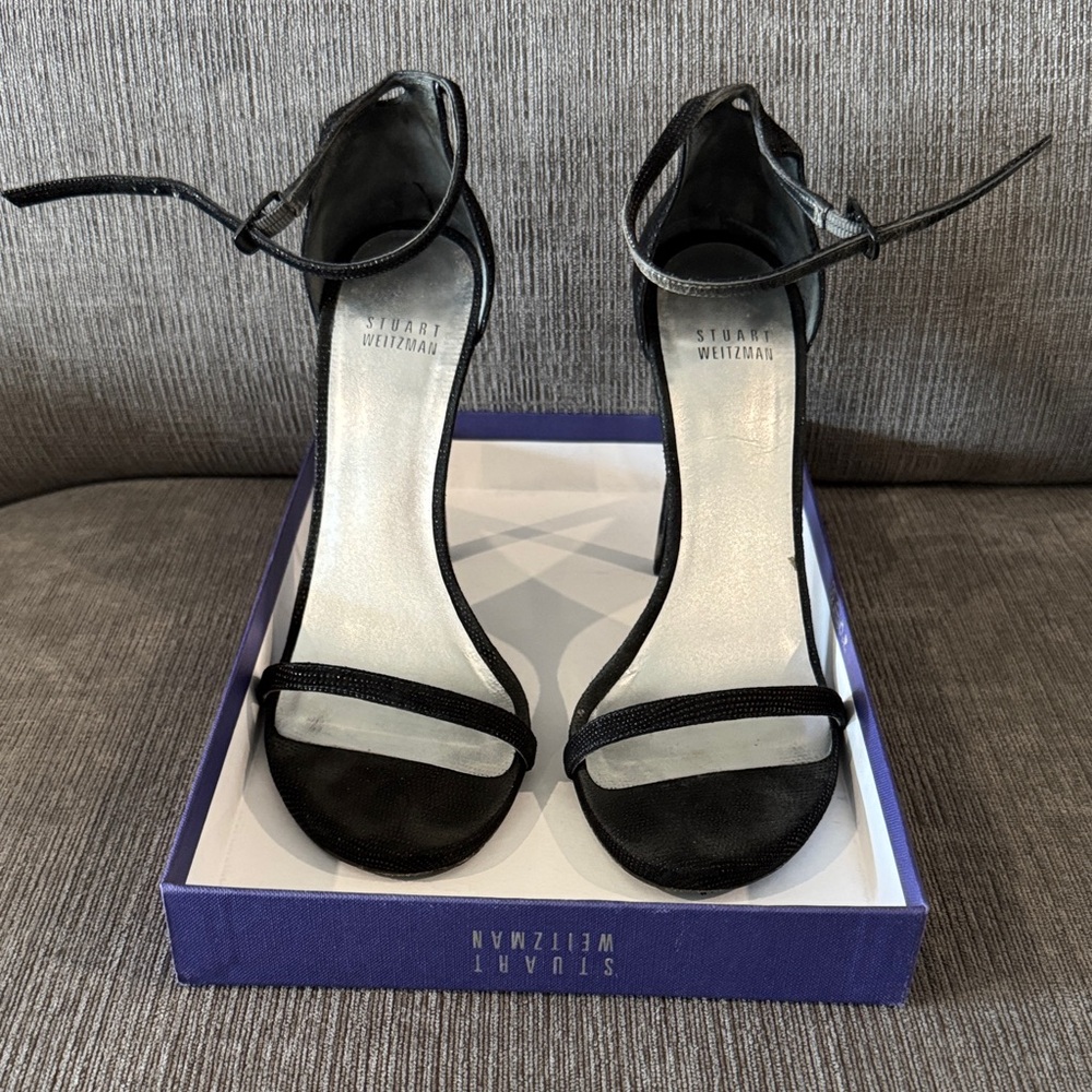 Stuart Weitzman Black Strappy Open-Toe Ankle-Strap Heels-Nudist style